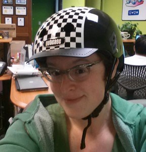 Finally, some gear that I can try on! Protecting my noggin with a Nutcase bike helmet