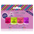 4 neon nail polishes - magenta, yellow, pink, purple - in a box