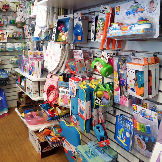 Magic Beans store interior, featuring racks of toys for infants
