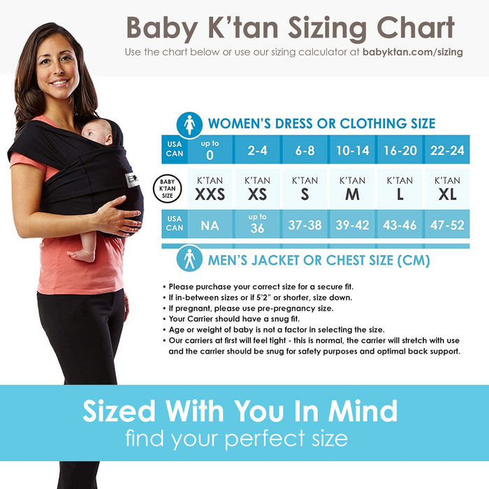 Baby K'tan Baby Carrier Print Sizing Chart