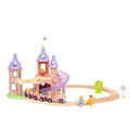 brio diney princess castle train set. an oval train track with three pink train cars, three tall castle pieces that straddle the track.