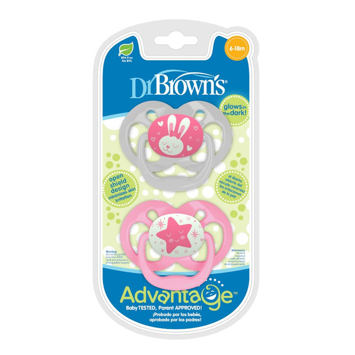 Dr. Brown's Advantage Glow-In-The-Dark Pacifiers 2-Pack - Stage 2 (6-18 Months) PINK