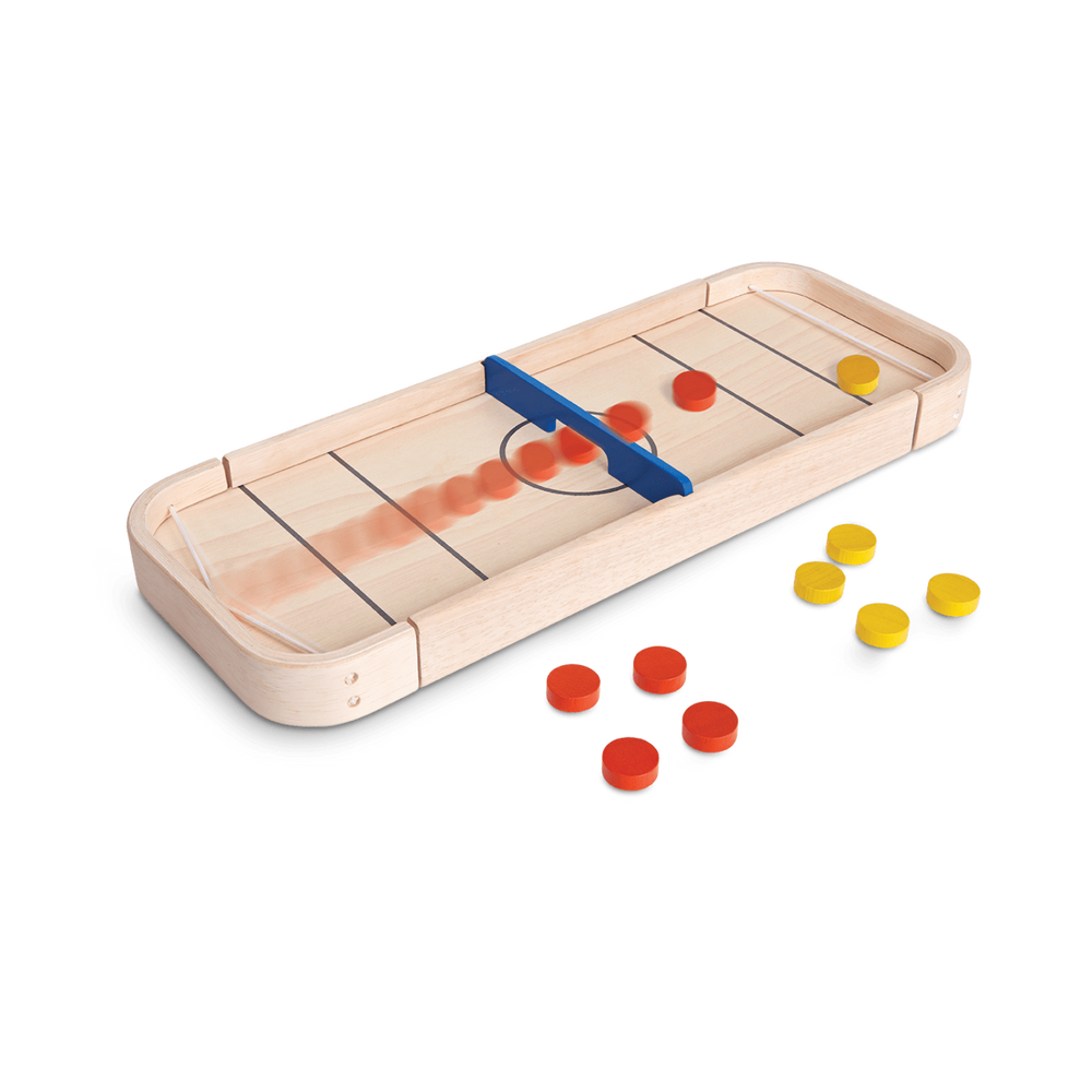 plan toys 2 in 1 shuffle board -  wood, rectangular game, with yellow and red discs. Elastics at either end shoot the discs across the board.