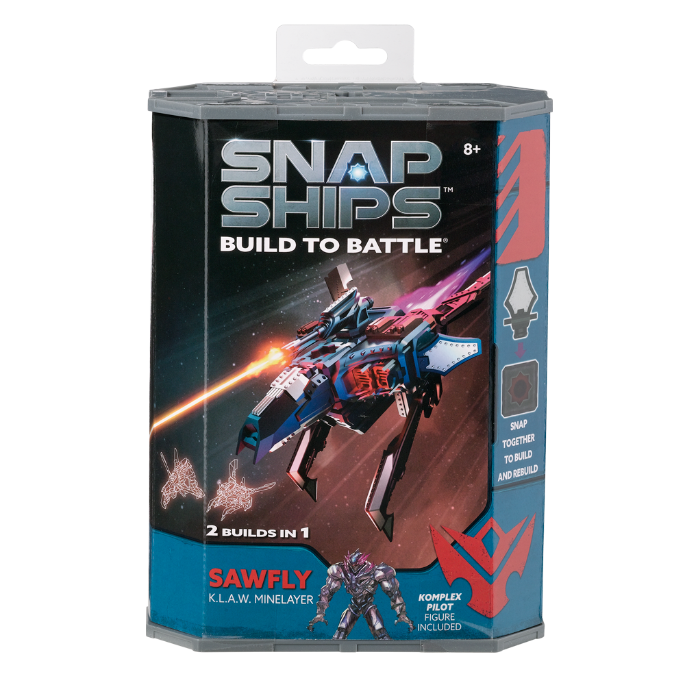 front view of the packaging featuring an assembled Sawfly flying through space