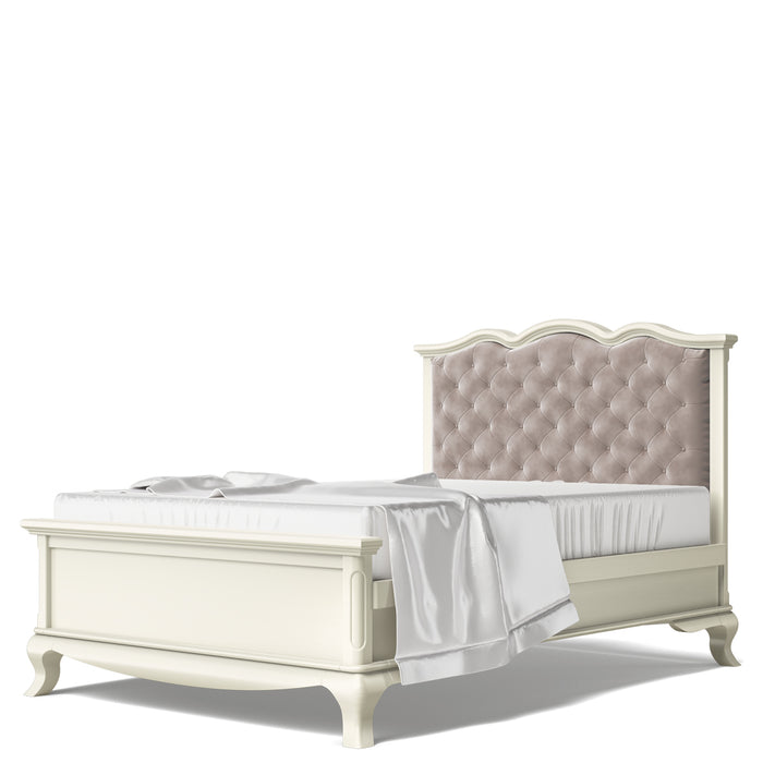 Romina Cleopatra Full Bed with Tufted Headboard - Bianco Satinato / Beige Velvet