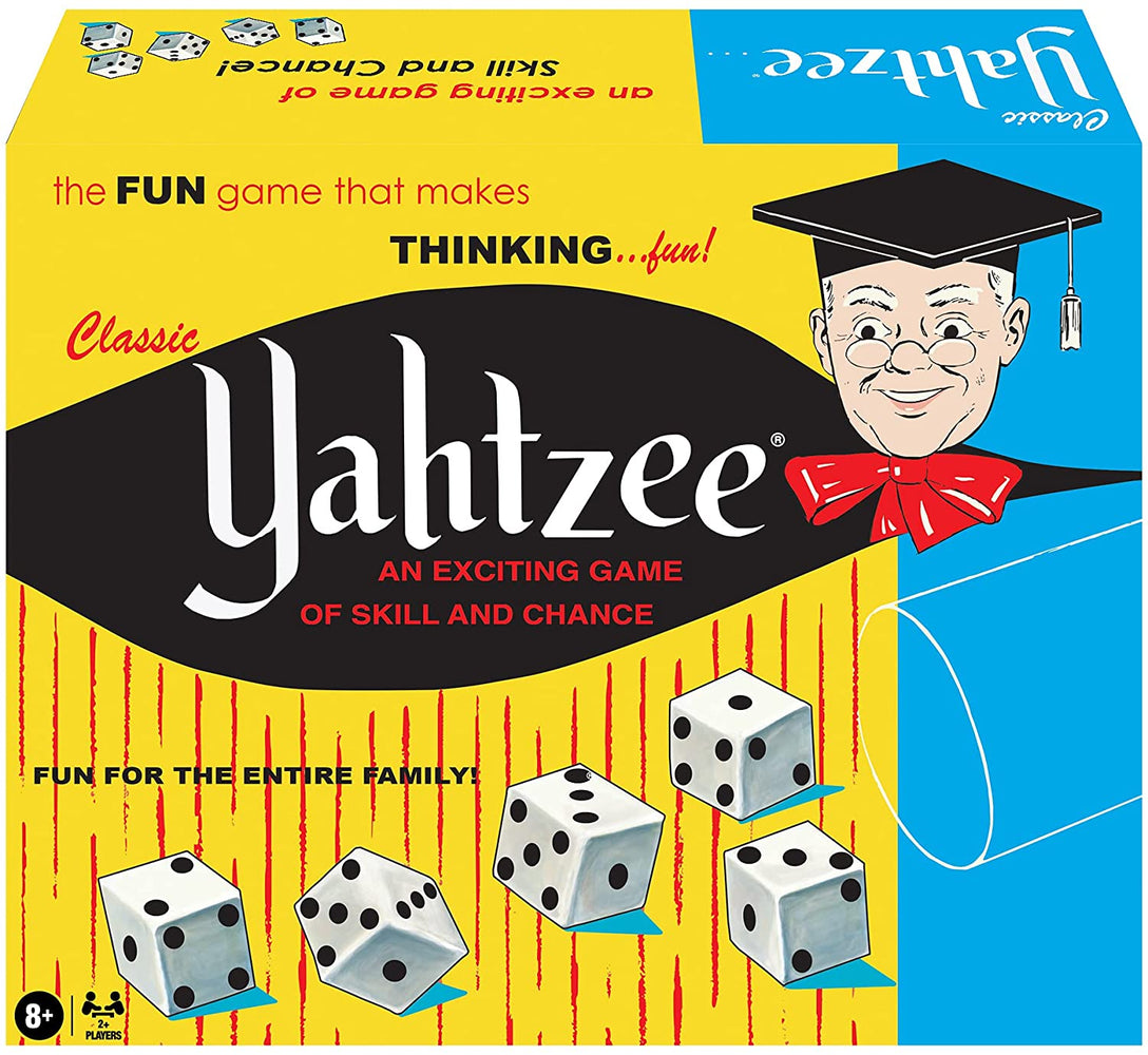 yahtzee, front of the box featuring retro colors and drawings of dice