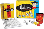 The classic yahtzee game box and it's game parts laid in front of it